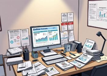 A cluttered desk with a computer displaying a real estate report, surrounded by papers, charts, books, and office supplies. Walls are adorned with graphs and documents.