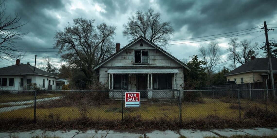 An old, weathered house with boarded windows sits behind a chain-link fence under an overcast sky. A "For Sale" sign is visible in front of the property.