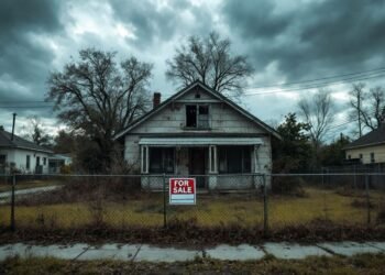 An old, weathered house with boarded windows sits behind a chain-link fence under an overcast sky. A "For Sale" sign is visible in front of the property.