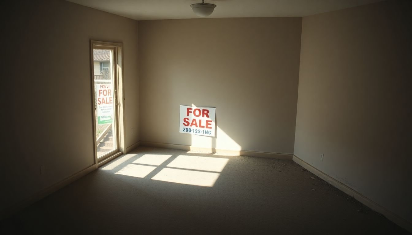 An empty, dimly lit room with a 'For Sale' sign, reflecting challenges in the housing market.