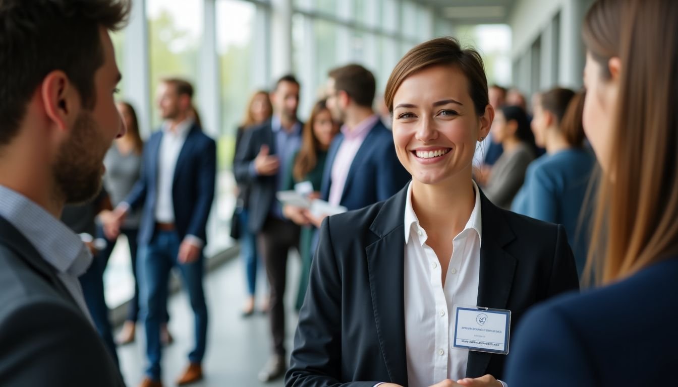 A realtor in professional attire engages with community members at a local event.