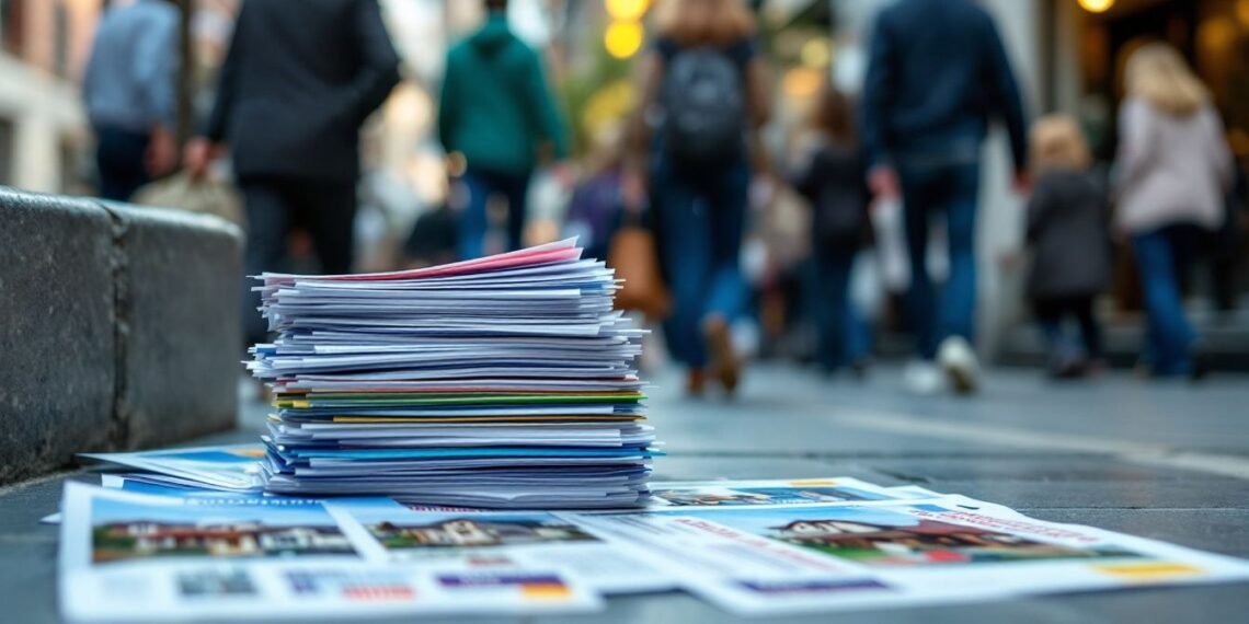 A stack of colorful flyers and papers lies on a city street, with people walking in the background.