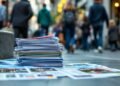A stack of colorful flyers and papers lies on a city street, with people walking in the background.