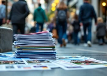 A stack of colorful flyers and papers lies on a city street, with people walking in the background.