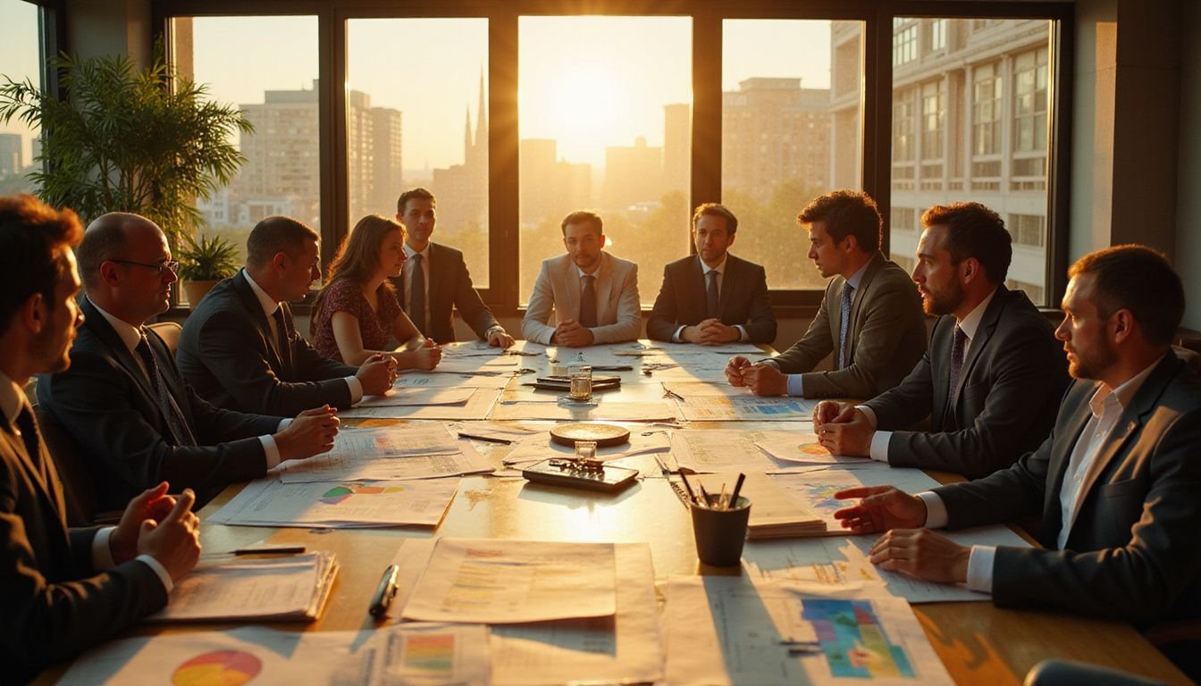 A dynamic real estate conference room buzzes with intense discussions and negotiations over charts and documents.