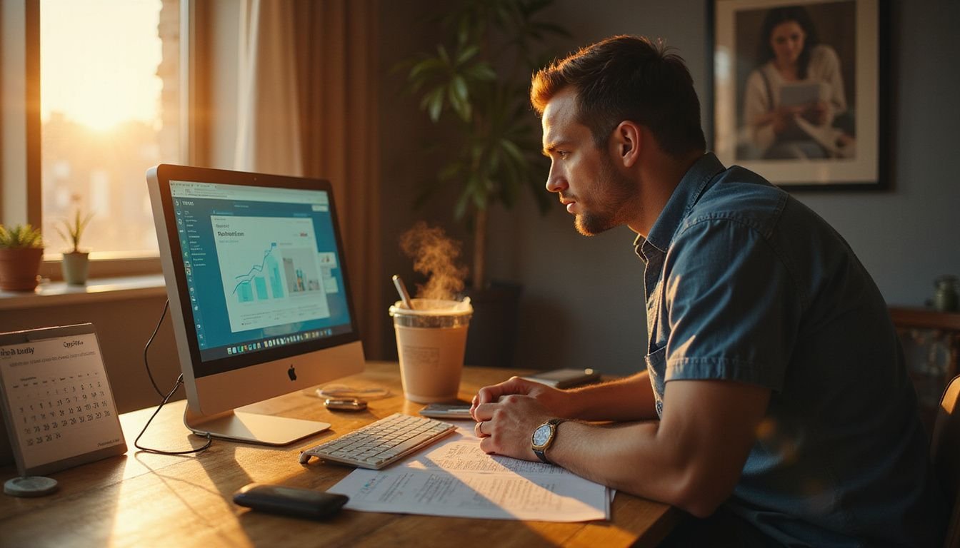 A focused individual studies real estate materials at a minimalist desk, embodying dedication and ambition in a modern home office. A focused individual studies real estate materials at a minimalist desk, embodying dedication and ambition in a modern home office.