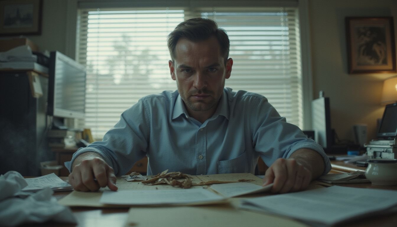 A small business owner displays visible stress amid a chaotic, cluttered office environment, embodying exhaustion and determination.