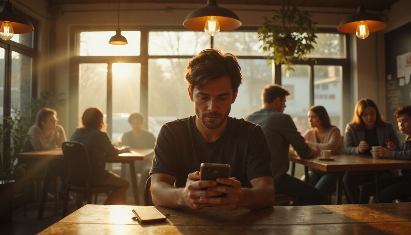 A determined individual intensely gazes at their smartphone while surrounded by the lively atmosphere of a bustling coffee shop. A determined individual intensely gazes at their smartphone while surrounded by the lively atmosphere of a bustling coffee shop.