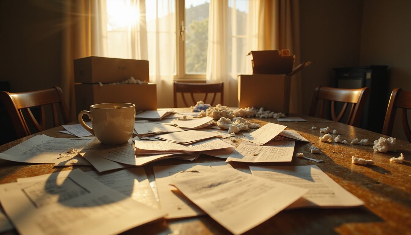 A cluttered dining table reflects the chaos and exhaustion of a recent move, surrounded by scattered paperwork and packing supplies.
