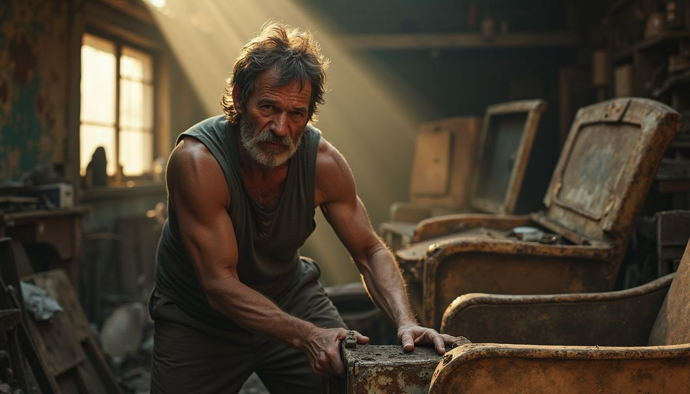 A weary middle-aged man struggles to load rusted appliances and old furniture into a battered truck in a cluttered garage.