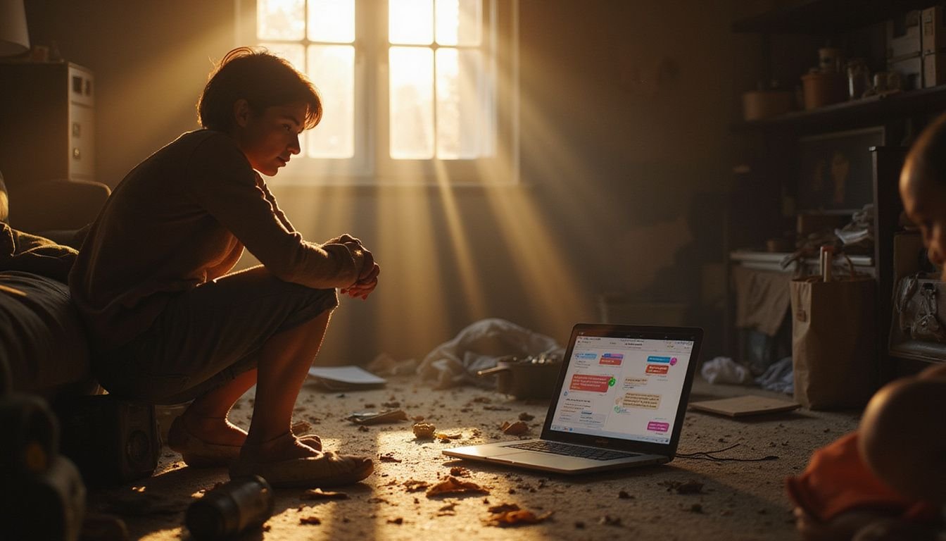 A middle-aged homeowner contemplates decluttering while engaging with personalized tips on their laptop in a cluttered living room.