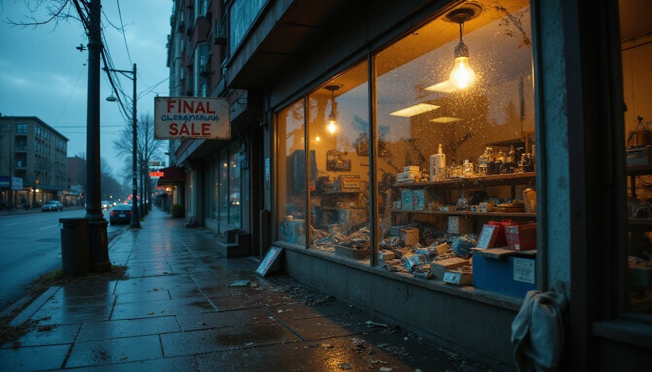 A disheveled storefront displays an odd mix of high-end gadgets and low-quality trinkets, exuding an air of forgotten dreams.