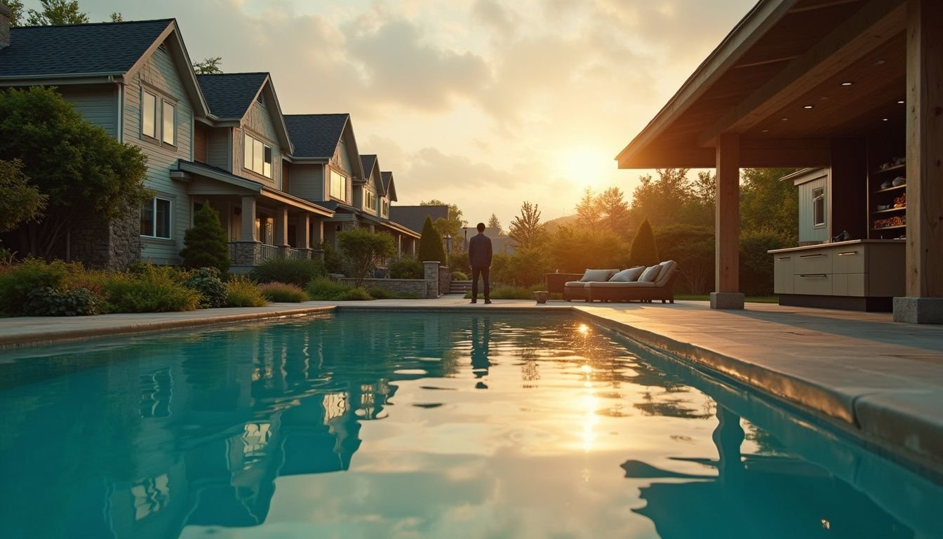 A contemplative figure gazes at a luxurious swimming pool and modern kitchen, highlighting the contrast with nearby modest homes.