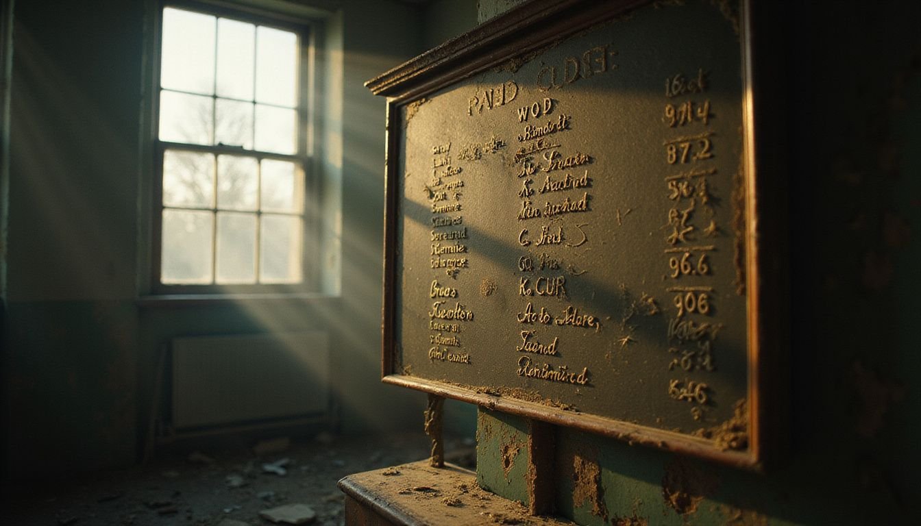 An ancient price list board, covered in dust and cobwebs, reflects a forgotten past in an abandoned office.