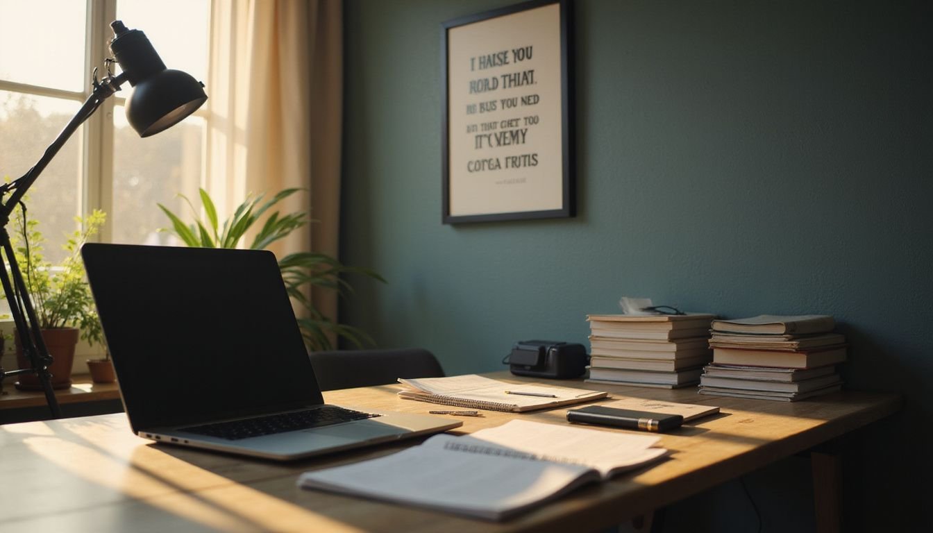 A minimalist office desk showcases real estate textbooks and notes, reflecting dedication and ambition in a personal growth space. A minimalist office desk showcases real estate textbooks and notes, reflecting dedication and ambition in a personal growth space.