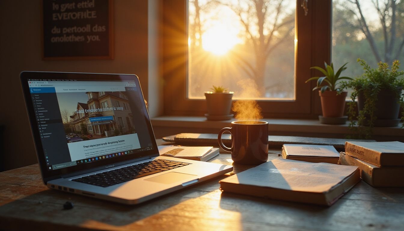 A laptop displaying real estate courses is surrounded by textbooks and a steaming coffee mug, creating an inspiring study atmosphere. A laptop displaying real estate courses is surrounded by textbooks and a steaming coffee mug, creating an inspiring study atmosphere.