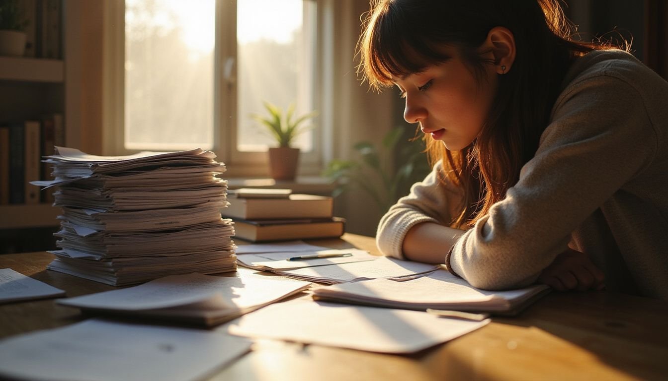 A young person intensely studies organized materials on a wooden desk, embodying determination and anticipation in a quiet moment. A young person intensely studies organized materials on a wooden desk, embodying determination and anticipation in a quiet moment.