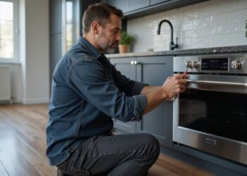 A man in a denim shirt kneels on the floor, using a screwdriver to repair a stainless steel oven in a modern kitchen—just the type of service covered by Top Home Warranty plans.