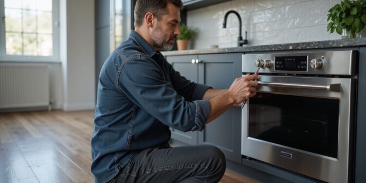 A man in a denim shirt kneels on the floor, using a screwdriver to repair a stainless steel oven in a modern kitchen—just the type of service covered by Top Home Warranty plans.