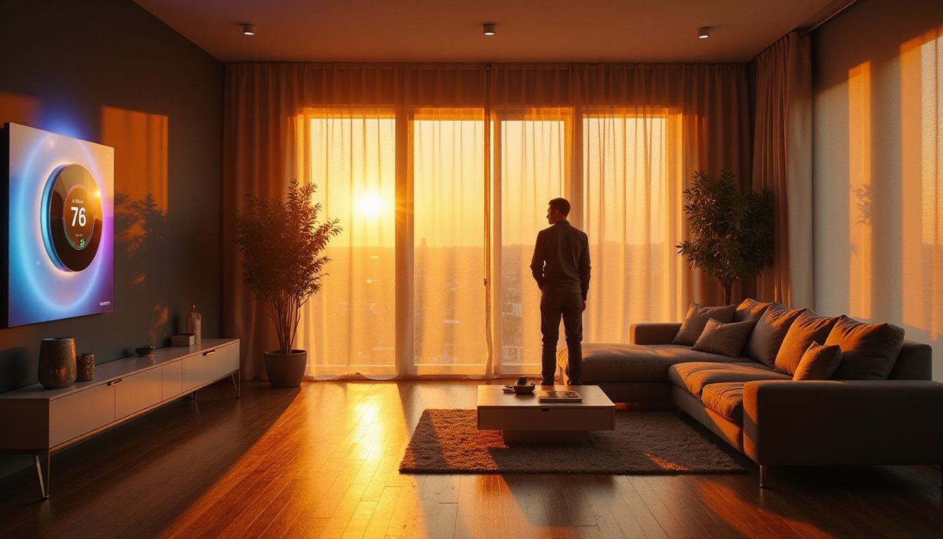 A modern living room showcases a blend of minimalist design and advanced eco-technology, reflecting harmony and comfort.