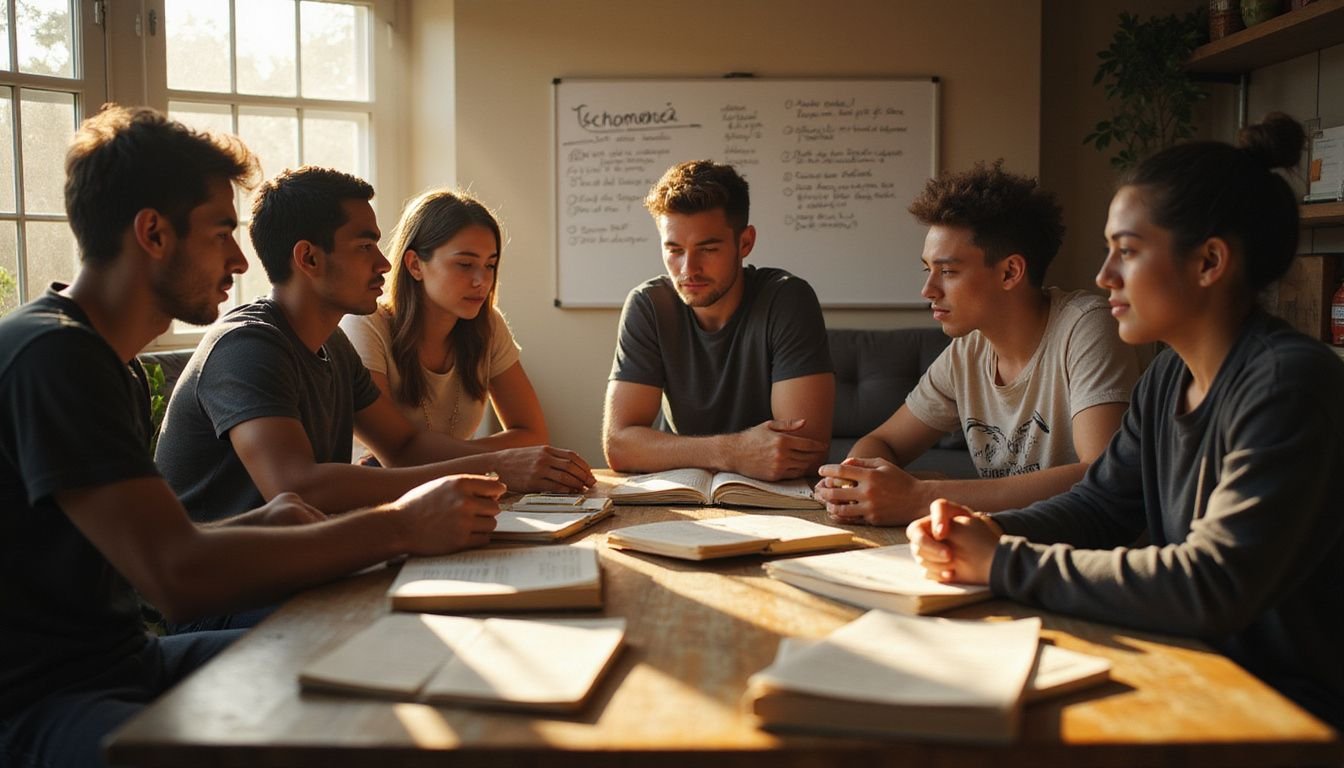 A group of young adults collaborates intensely around a table filled with real estate study materials, reflecting determination and camaraderie. A group of young adults collaborates intensely around a table filled with real estate study materials, reflecting determination and camaraderie.