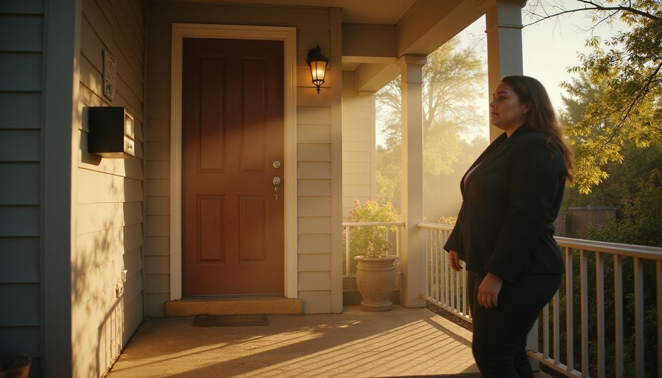 A vigilant neighbor stands by a front door, embodying community trust and anticipation in a suspenseful neighborhood setting.
