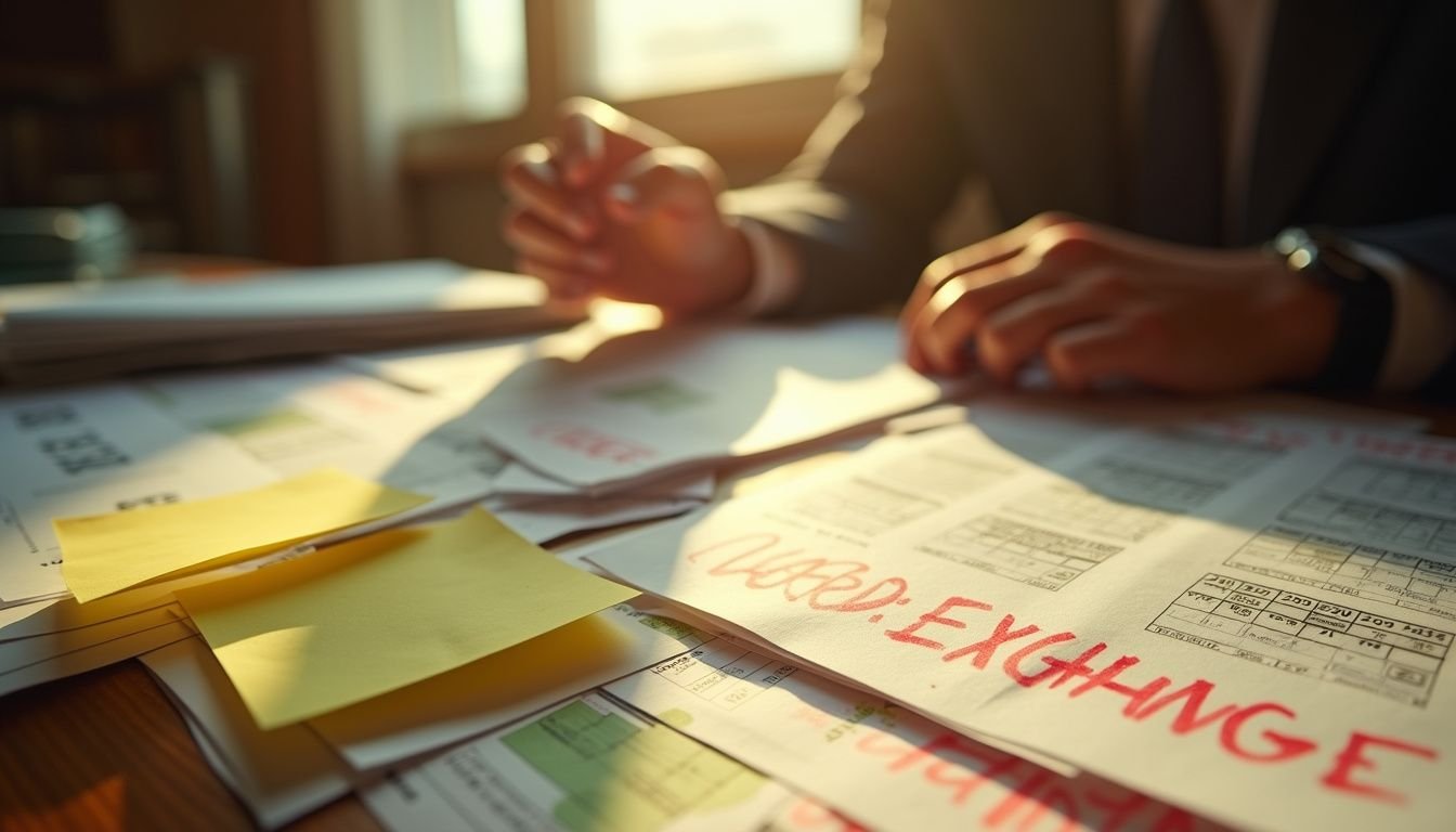 A hand hovers over chaotic real estate documents, capturing the tension before a crucial deal.