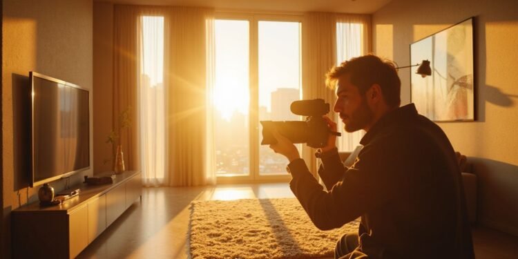 A man films with a video camera in a sunlit living room, where large windows and drawn curtains create the perfect setting for real estate photos, with city buildings visible outside.