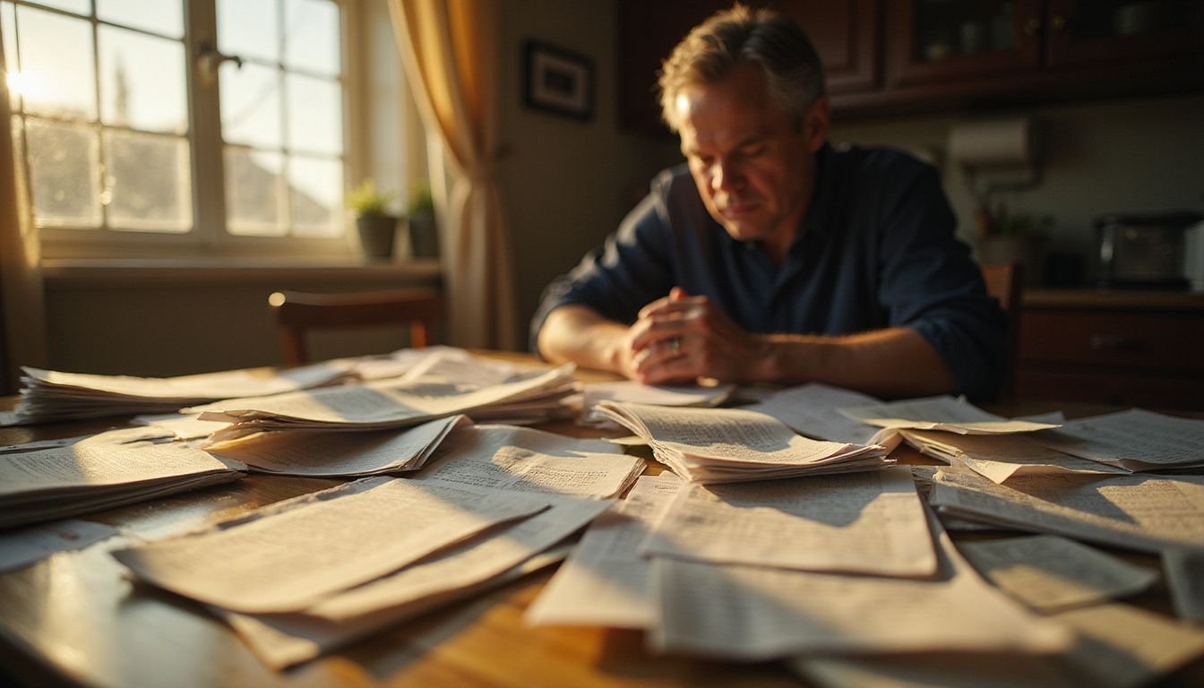 A cluttered kitchen table filled with paperwork reflects a person's overwhelming stress from financial burdens and closing costs.
