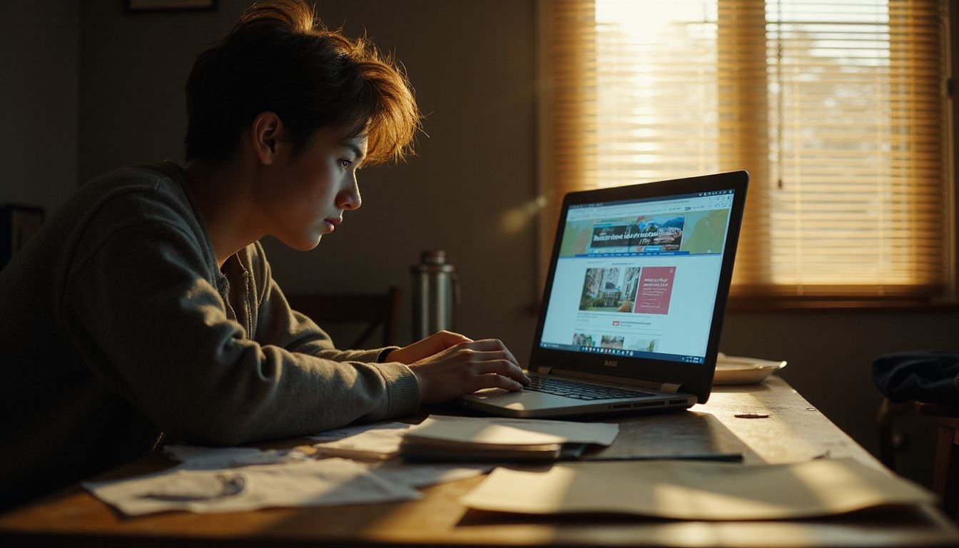 A dedicated individual immerses themselves in online real estate studies amidst a cluttered workspace, embodying quiet ambition and perseverance. A dedicated individual immerses themselves in online real estate studies amidst a cluttered workspace, embodying quiet ambition and perseverance.