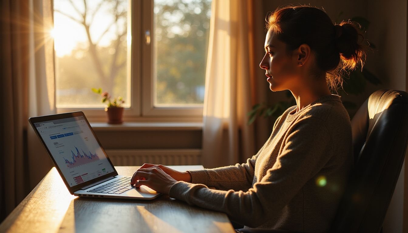 A focused homeowner works diligently at a minimalist desk, crafting listings and analyzing market trends in a serene home office.