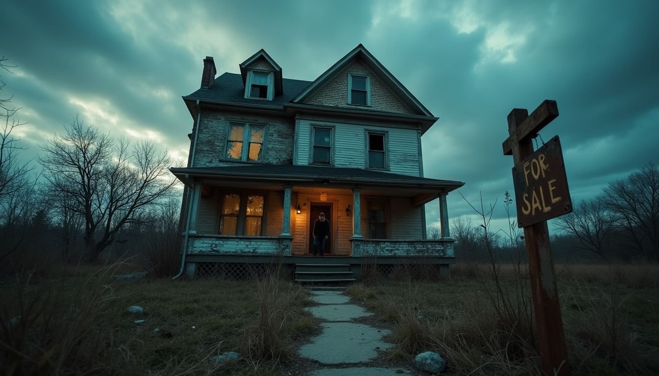 An abandoned house stands in disrepair, surrounded by overgrown weeds and a decaying 'For Sale' sign, evoking forgotten stories.