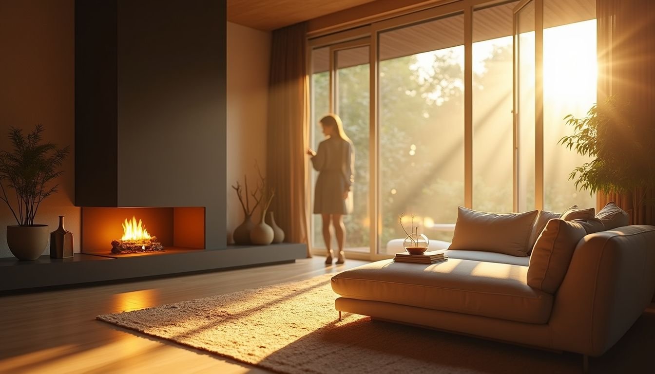 A cozy living room features a modern fireplace, plush sofa, and curated decor, inviting tranquility and warmth.