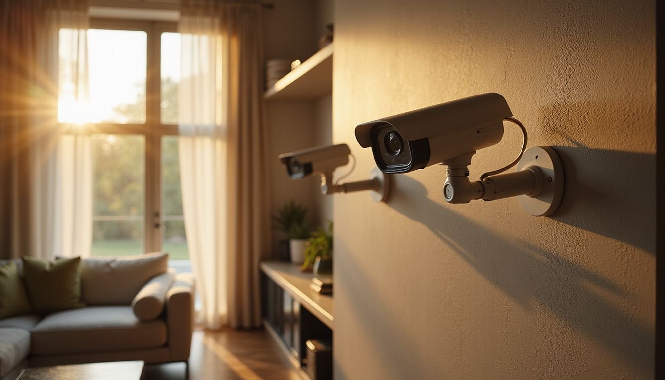 A sleek home security system monitors an elegant living room filled with artwork and sophisticated furnishings, exuding calm and protection.