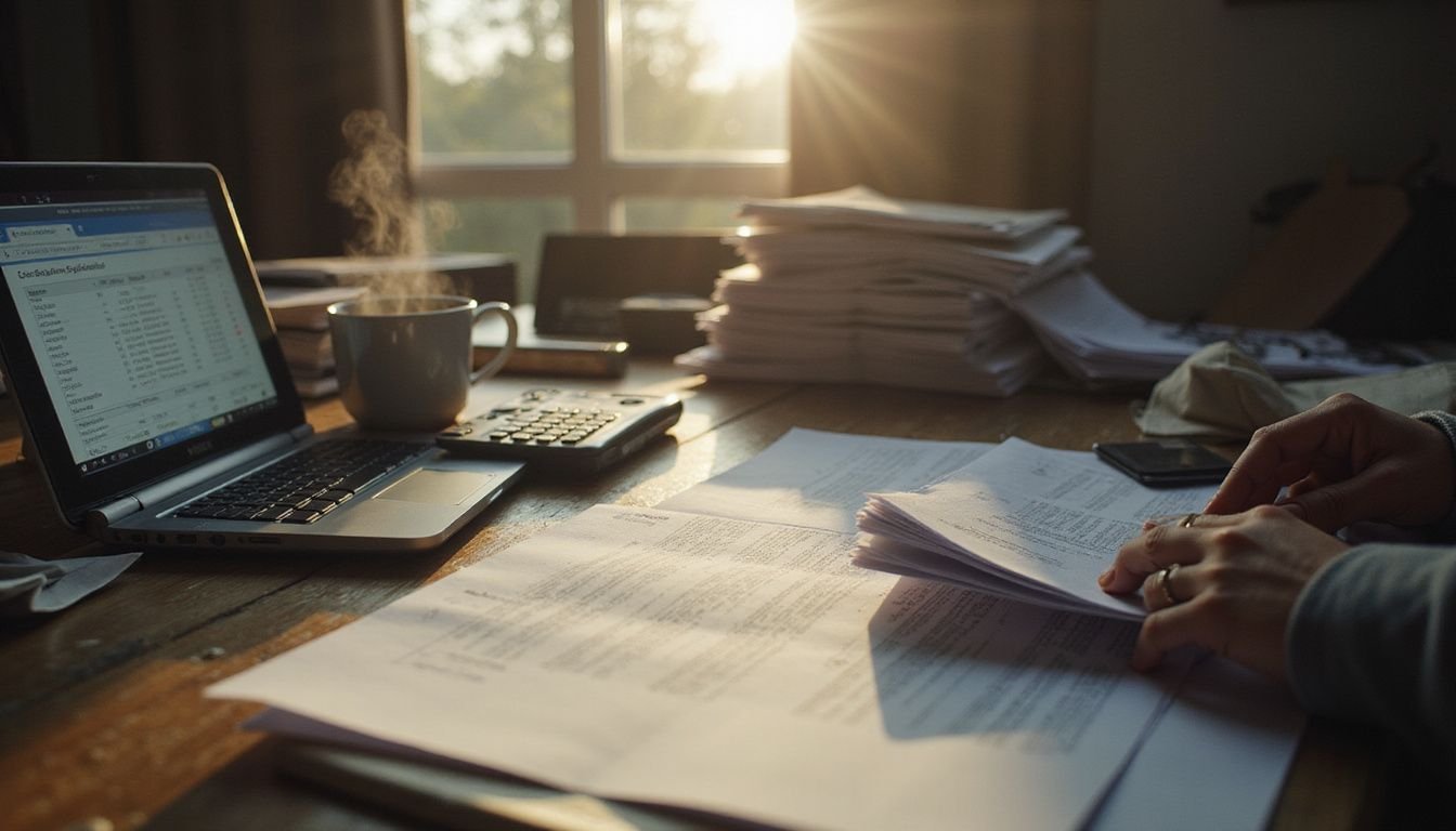 A cluttered wooden desk filled with real estate documents, a calculator, and a laptop reflects a pivotal decision-making moment.