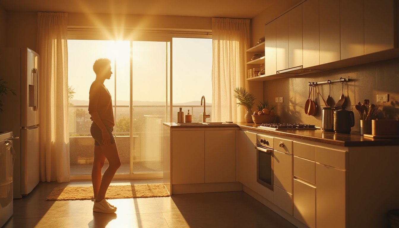 A person stands in a modern kitchen, reflecting on the promise of new beginnings in a freshly remodeled space.