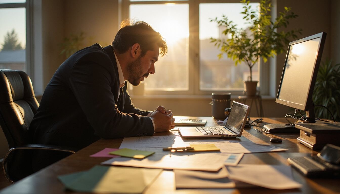 A focused real estate investor analyzes documents and strategies in a modern home office, surrounded by signs of urgency.