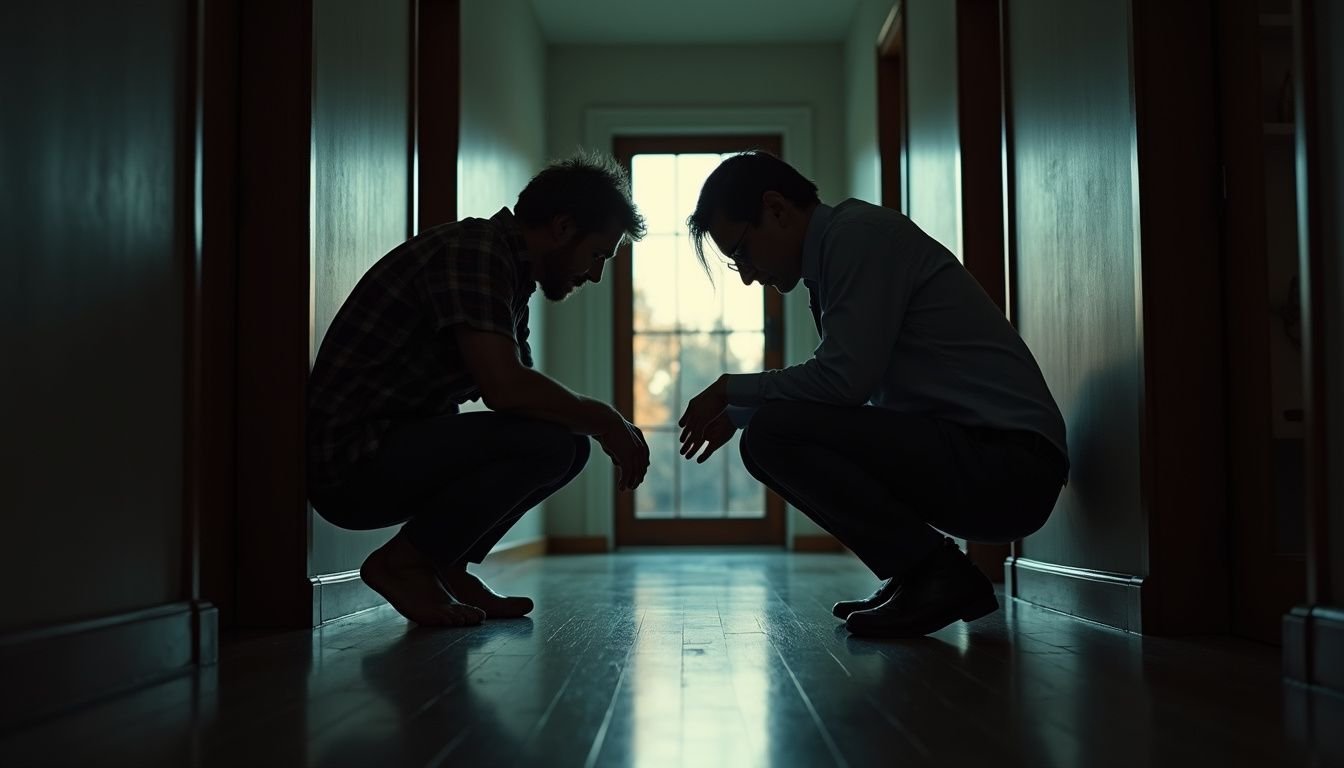 A tense scene in a dim hallway shows a homeowner and a real estate agent assessing security threats.