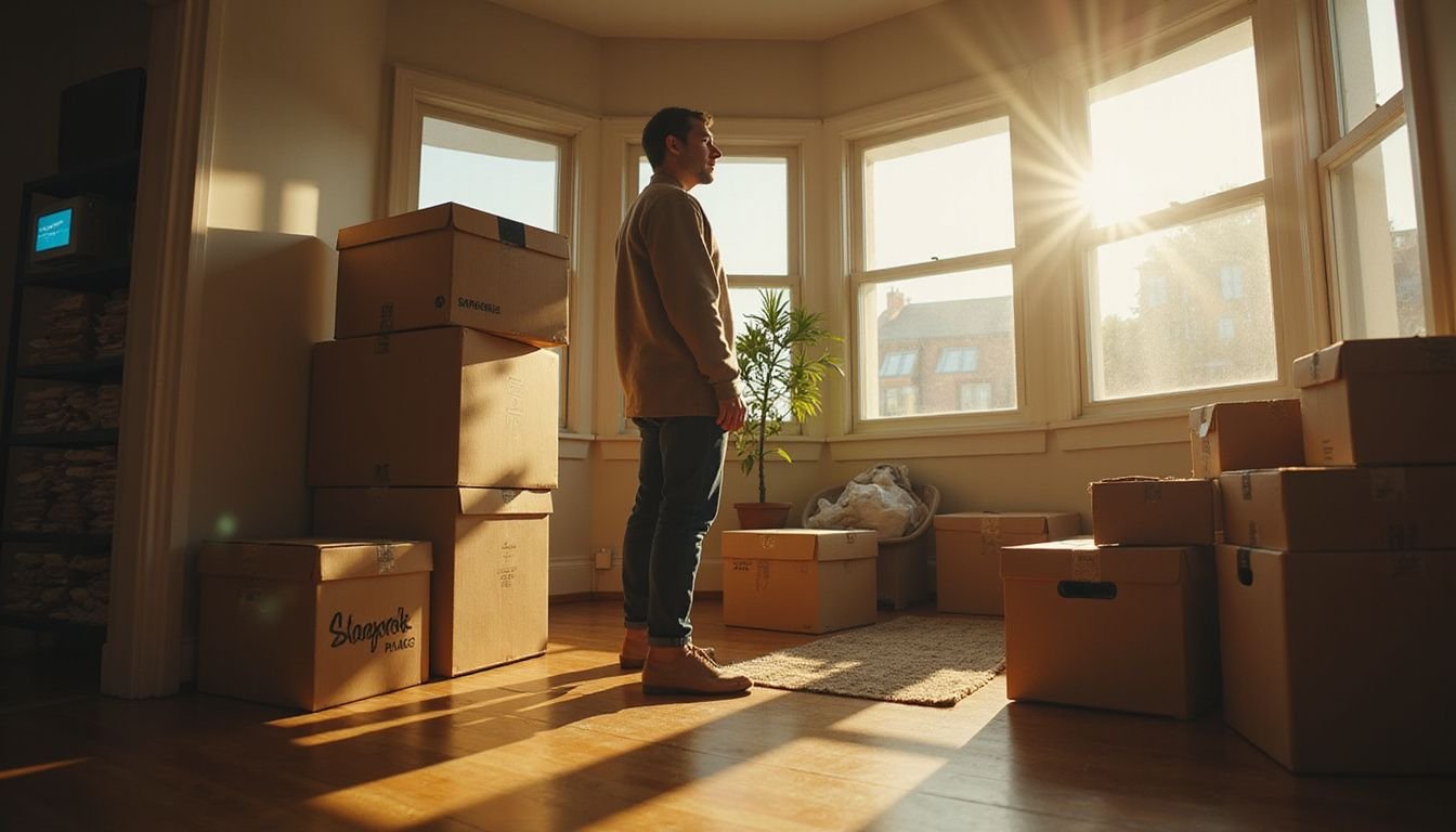 A person stands in a modern living room amid organized packing for a transition, showcasing emotional weight and determination.