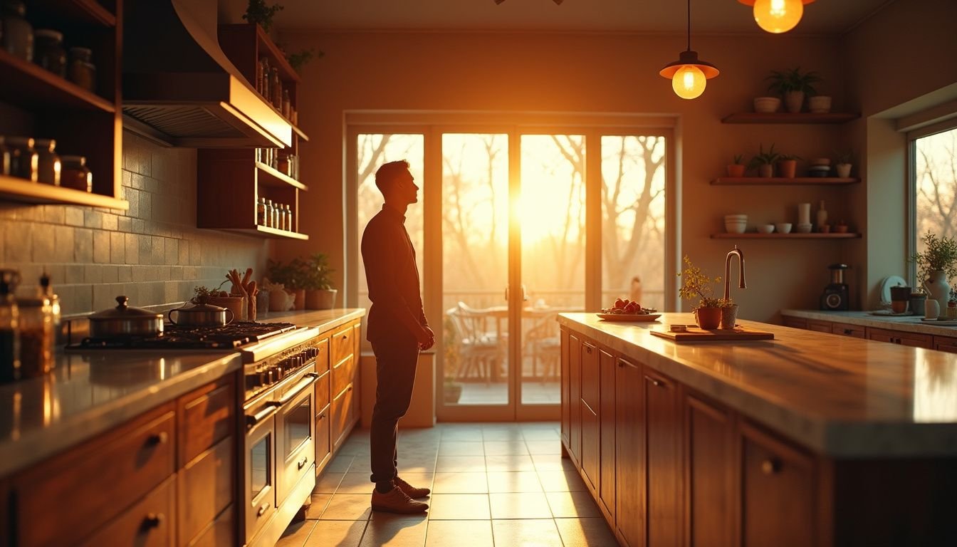 A thoughtful figure stands in a warm, inviting kitchen filled with artisanal jars and rustic shelves.