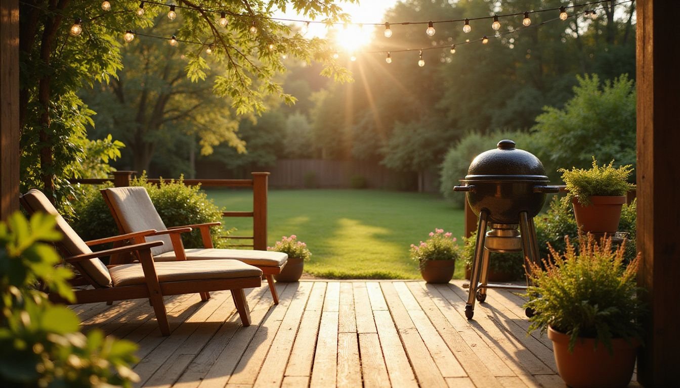 A serene wooden deck features inviting lounge chairs, a barbecue grill, and lush potted plants in a peaceful backyard setting.