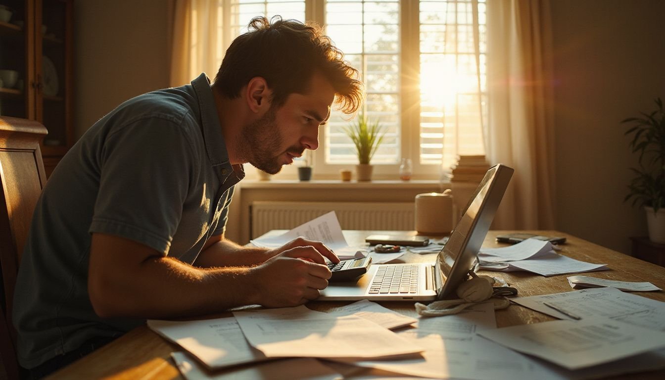 A person anxiously reviews real estate contracts at a cluttered table, gripping a calculator amid financial stress.