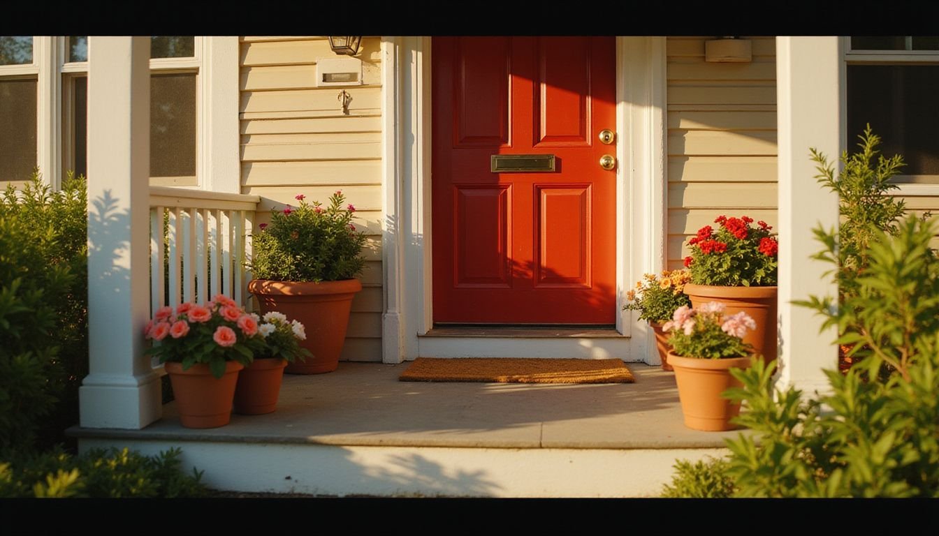 A charming front porch features a vibrant red door and blooming flower pots, evoking warmth and nostalgia.