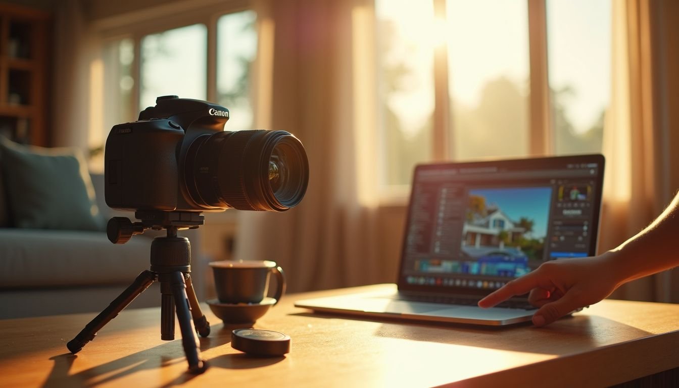 A photographer prepares for a real estate shoot with a camera setup and laptop for editing.
