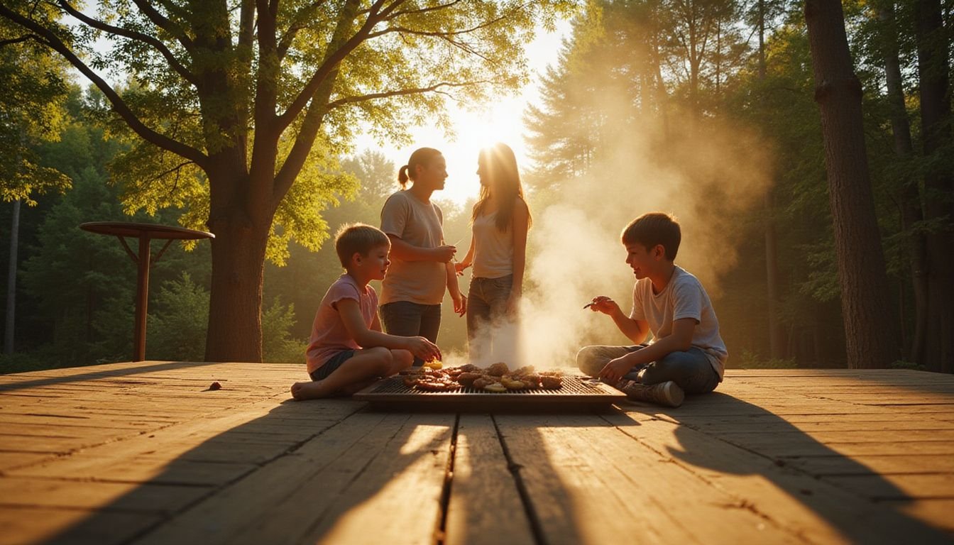 A family enjoys a joyous barbecue together on a spacious wooden deck surrounded by lush trees.