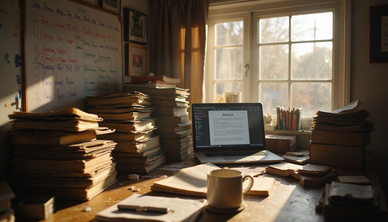 A cluttered home office desk filled with papers, a laptop, coffee, and real estate materials reflects a focused, urgent work session.