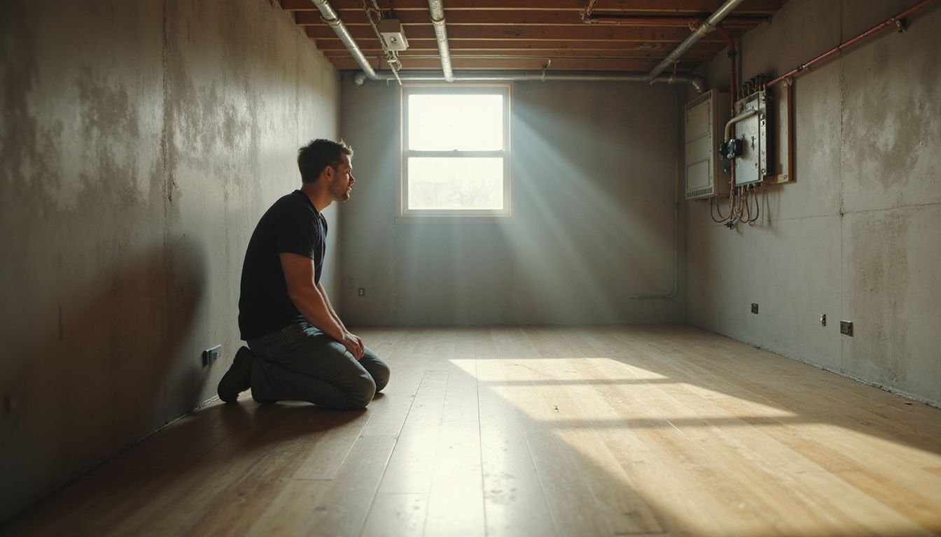 A focused individual kneels beside modern electrical panels and plumbing in a meticulously renovated basement, embodying transformation and pride.