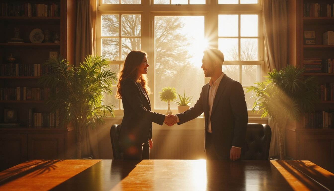 A real estate agent and a client celebrate a successful deal with a firm handshake in an elegant office.