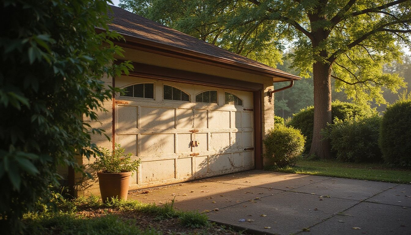 A suburban driveway showcases a contrast between a weathered garage and a sleek, modern door, hinting at transformation.