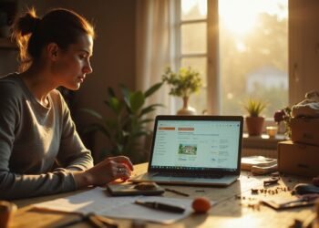 A woman sits at a wooden desk with paperwork and snacks, looking at a laptop screen in a sunlit room filled with houseplants and boxes, reviewing a 60-day checklist to get her house ready to sell.